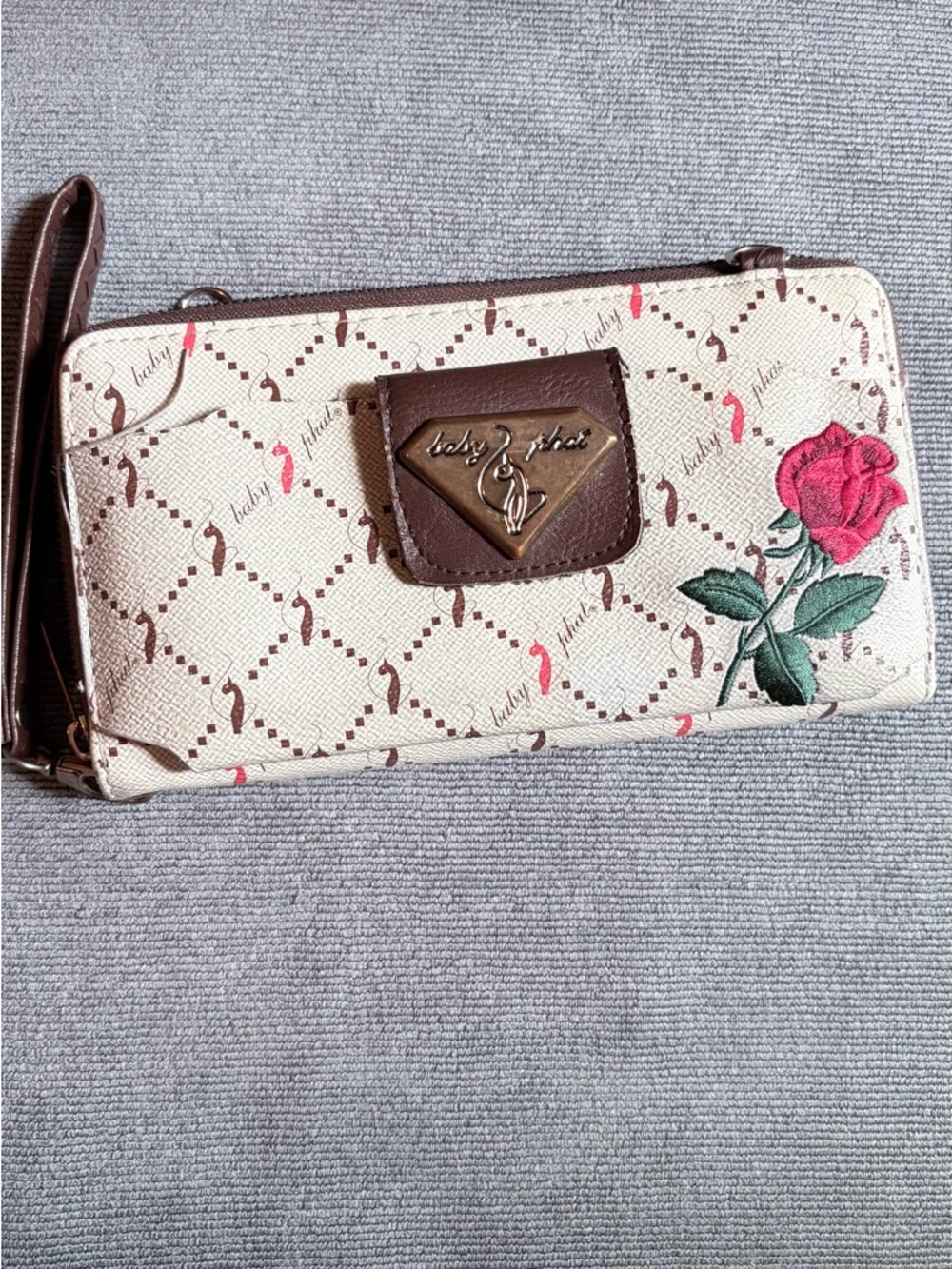Baby Phat Cream Wristlet Wallet with Pink Rose Embroidery